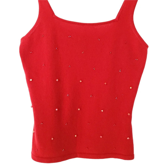 INC Blouse Tee Women's Small 100% Cashmere Red Top Sleeveless Beeds Detail Strap - Picture 9 of 12